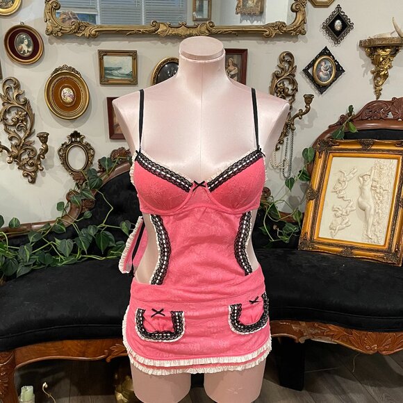 Vintage Victoria's Secret French Maid Apron Lingerie with Panties Size 36B Pink - Picture 1 of 5
